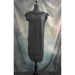 Vintage 80s/90s Satyuga Hawaiian Kaftan Dress – Black Rayon, Crochet Detail (Sm)